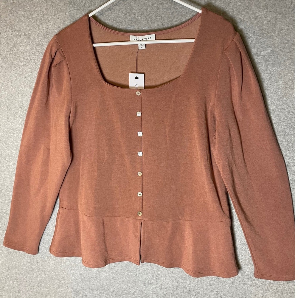 Amour Vert Peplum‎ Top Womens XL Rose Quartz Puff Sleeve Square Neck Minimalist